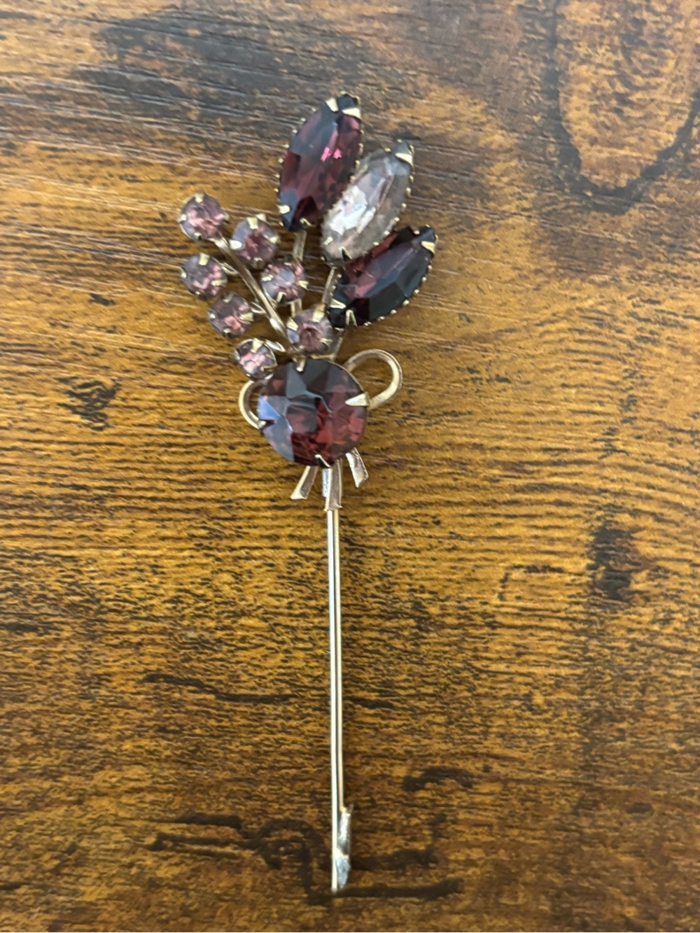 Vintage Crystal Floral Stick Pin in Deep Plum